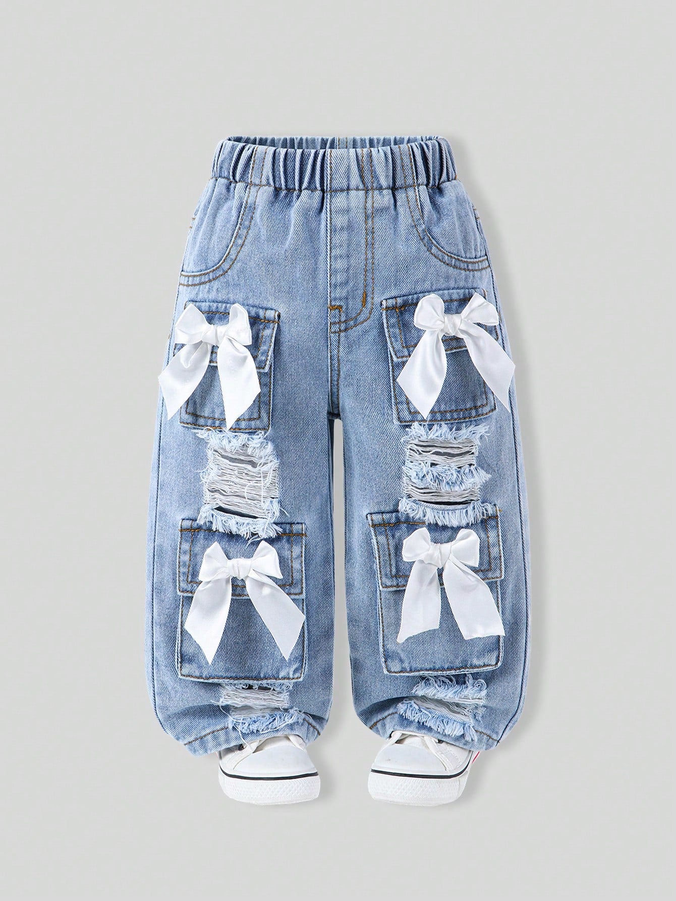 Baby Girls Jeans Light Blue And White Autumn Cute Back-To-School Classic Washed Denim Straight Leg Distressed Bow Design High Elastic Waist