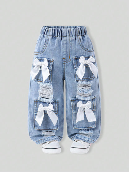 Baby Girls Jeans Light Blue And White Autumn Cute Back-To-School Classic Washed Denim Straight Leg Distressed Bow Design High Elastic Waist
