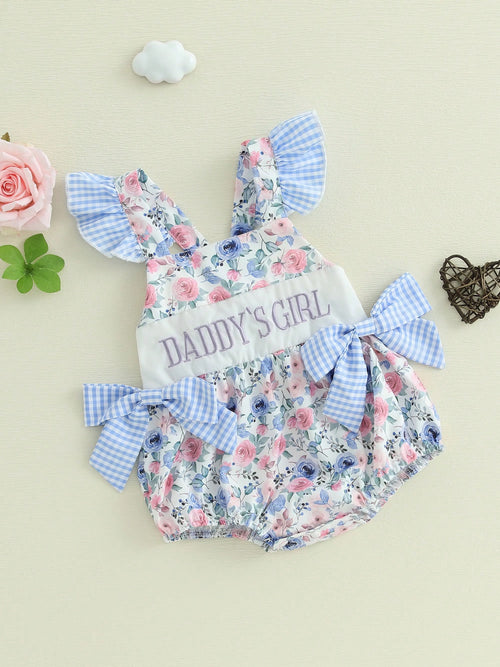 Baby Girls Romper Fly Sleeve Flower Print Embroidery Letters Bow Infant Bodysuit Summer Clothes