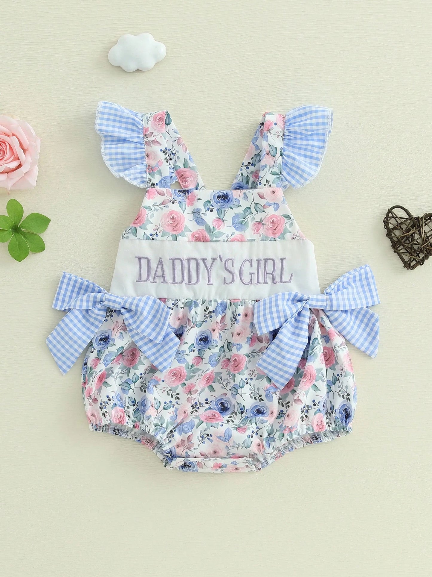 Baby Girls Romper Fly Sleeve Flower Print Embroidery Letters Bow Infant Bodysuit Summer Clothes