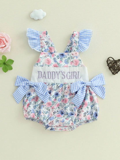 Baby Girls Romper Fly Sleeve Flower Print Embroidery Letters Bow Infant Bodysuit Summer Clothes