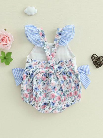 Baby Girls Romper Fly Sleeve Flower Print Embroidery Letters Bow Infant Bodysuit Summer Clothes