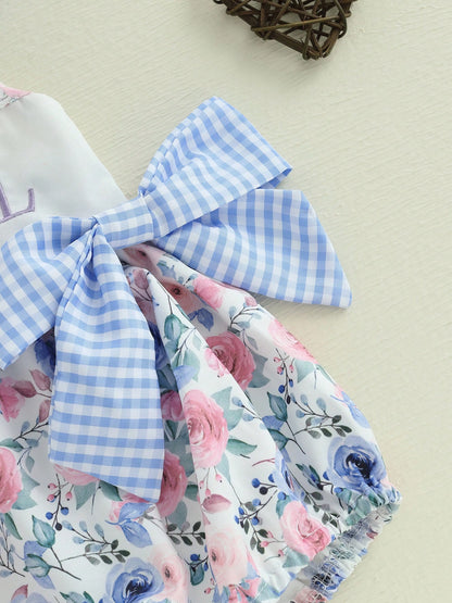 Baby Girls Romper Fly Sleeve Flower Print Embroidery Letters Bow Infant Bodysuit Summer Clothes