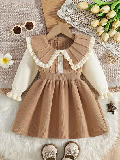Baby Girls Ruffled Collar Floral Knitted Sweater Dress, Soft & Versatile Long Sleeve Princess Style Pullover Suitable For Autumn/Winter Holidays