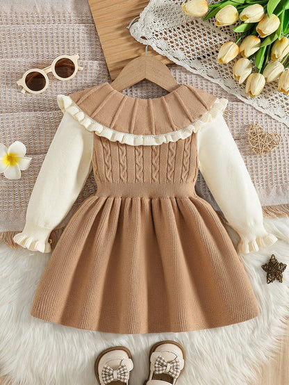 Baby Girls Ruffled Collar Floral Knitted Sweater Dress, Soft & Versatile Long Sleeve Princess Style Pullover Suitable For Autumn/Winter Holidays