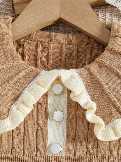 Baby Girls Ruffled Collar Floral Knitted Sweater Dress, Soft & Versatile Long Sleeve Princess Style Pullover Suitable For Autumn/Winter Holidays