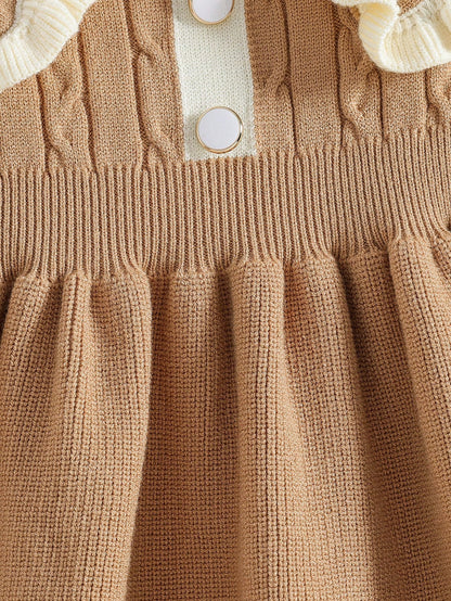 Baby Girls Ruffled Collar Floral Knitted Sweater Dress, Soft & Versatile Long Sleeve Princess Style Pullover Suitable For Autumn/Winter Holidays