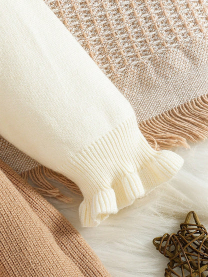 Baby Girls Ruffled Collar Floral Knitted Sweater Dress, Soft & Versatile Long Sleeve Princess Style Pullover Suitable For Autumn/Winter Holidays