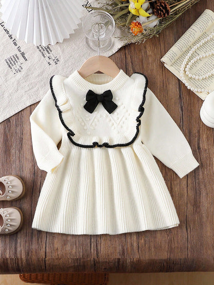 Baby Girls Ruffled Collar Floral Knitted Sweater Dress, Soft & Versatile Long Sleeve Princess Style Pullover Suitable For Autumn/Winter Holidays