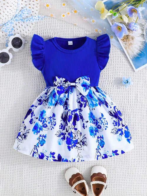 Baby Girls' Summer Cap Sleeve Printed Patchwork Dress, Toddler Casual Bow Tie Vacation Versatile Dress