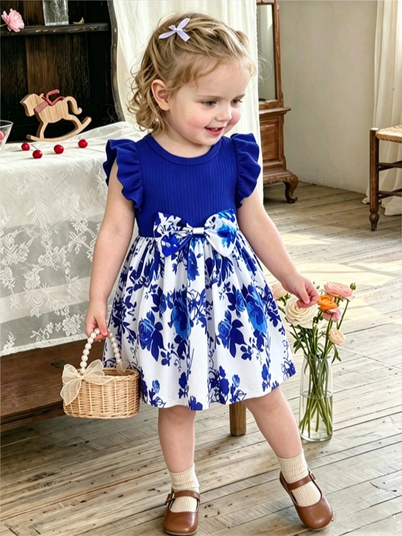 Baby Girls' Summer Cap Sleeve Printed Patchwork Dress, Toddler Casual Bow Tie Vacation Versatile Dress