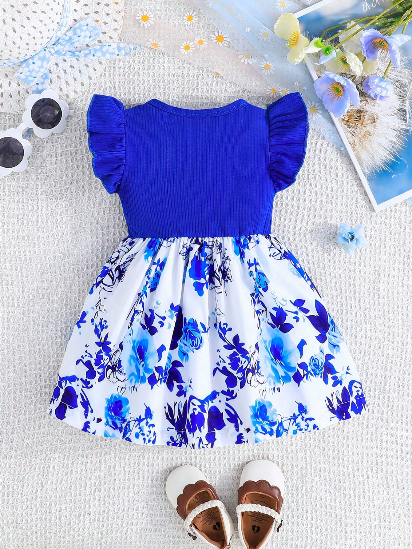 Baby Girls' Summer Cap Sleeve Printed Patchwork Dress, Toddler Casual Bow Tie Vacation Versatile Dress