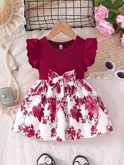Baby Girls' Summer Cap Sleeve Printed Patchwork Dress, Toddler Casual Bow Tie Vacation Versatile Dress