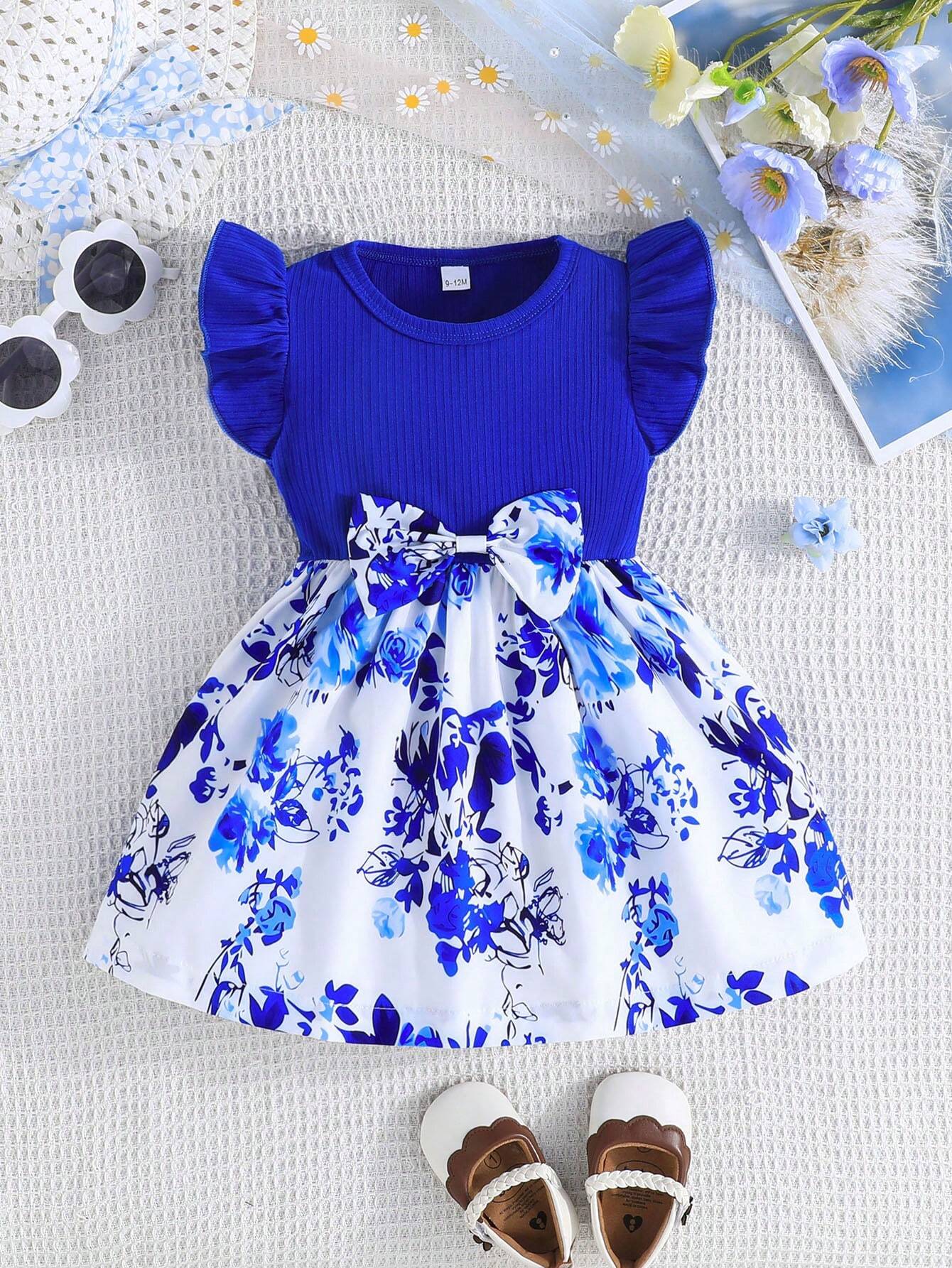 Baby Girls' Summer Cap Sleeve Printed Patchwork Dress, Toddler Casual Bow Tie Vacation Versatile Dress