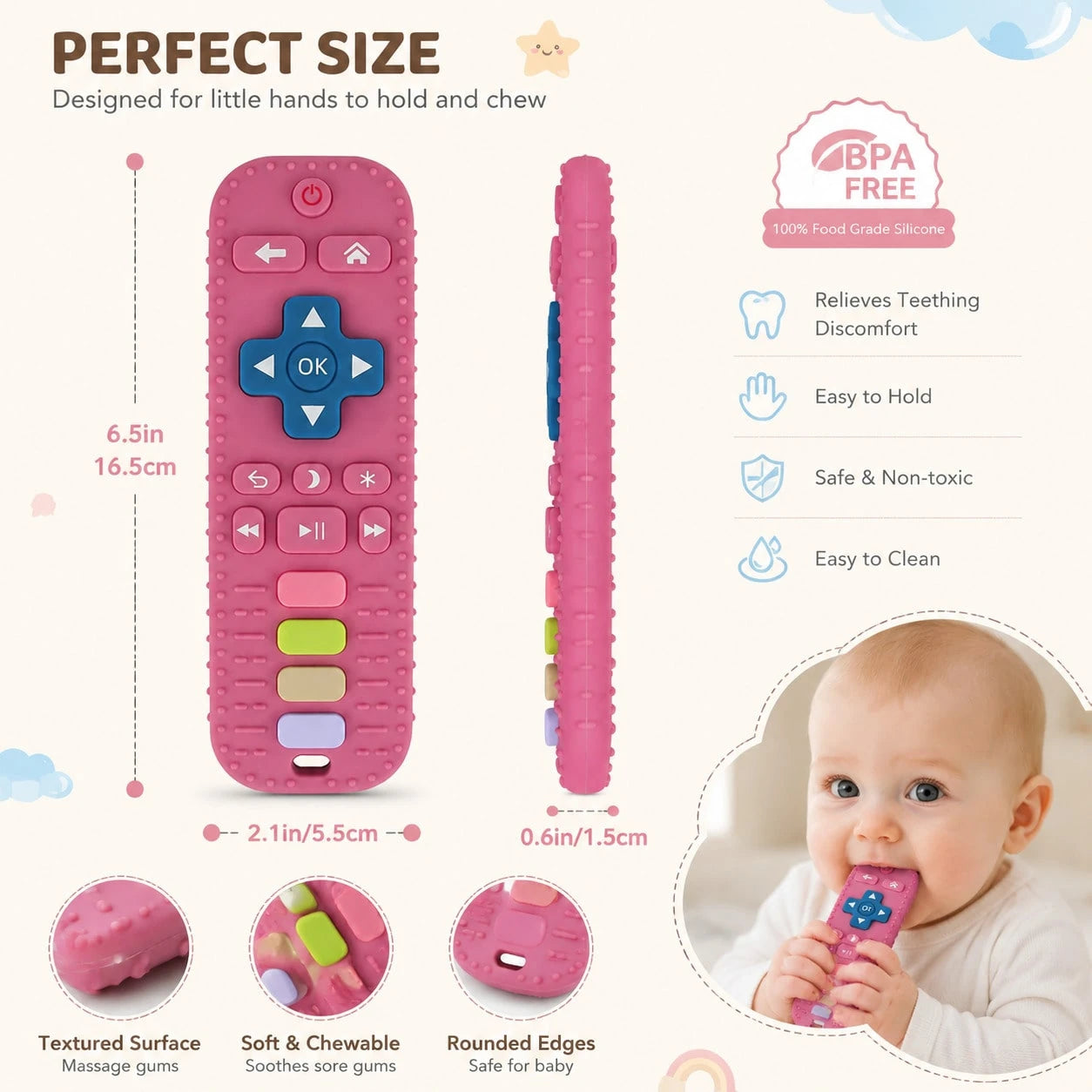 Baby Silicone Teether For 0+ Months Babies, Remote Control Shape Teething Toy, Soft Chew Toy For Gum Relief, Sensory, Grasp Training & Bath Play