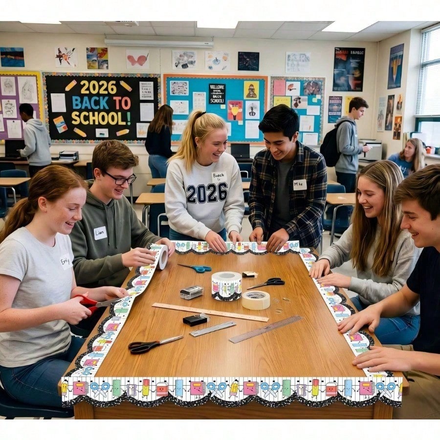 "Back-To-School" Scalloped-Edge Bulletin Board Border Roll (1 Roll) – Teacher Supplies; Features A Bow Pattern; Suitable For Decorating Classroom Walls And Doorways, Or For DIY Party Decorations.