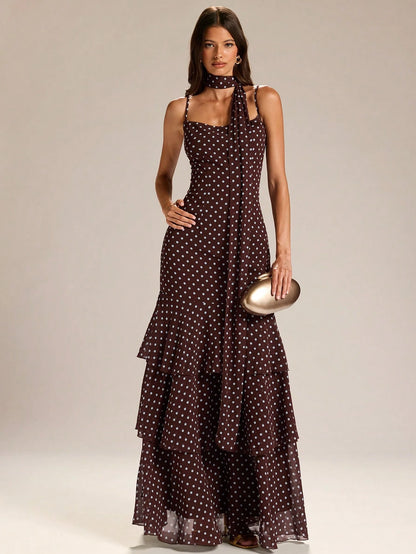 BAE Elegant White Polka Dot Summer Birthday Maxi Dress,Women's Spaghetti Strap Ruffle Hem Fishtail Ball Gown, Vintage Date Night Party Clothing