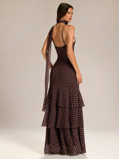 BAE Elegant White Polka Dot Summer Birthday Maxi Dress,Women's Spaghetti Strap Ruffle Hem Fishtail Ball Gown, Vintage Date Night Party Clothing