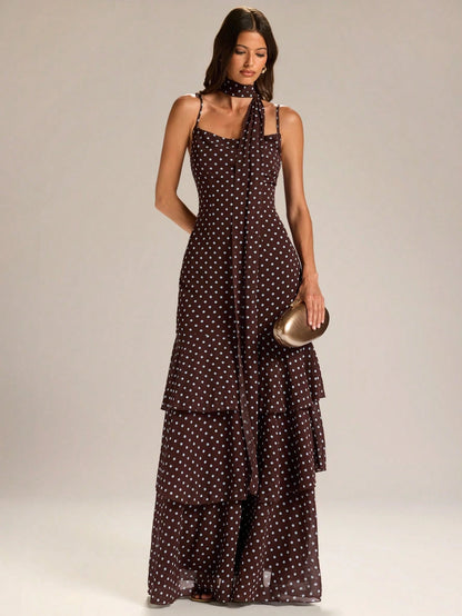 BAE Elegant White Polka Dot Summer Birthday Maxi Dress,Women's Spaghetti Strap Ruffle Hem Fishtail Ball Gown, Vintage Date Night Party Clothing