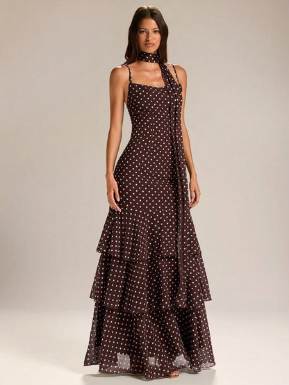 BAE Elegant White Polka Dot Summer Birthday Maxi Dress,Women's Spaghetti Strap Ruffle Hem Fishtail Ball Gown, Vintage Date Night Party Clothing