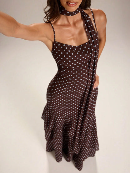 BAE Elegant White Polka Dot Summer Birthday Maxi Dress,Women's Spaghetti Strap Ruffle Hem Fishtail Ball Gown, Vintage Date Night Party Clothing