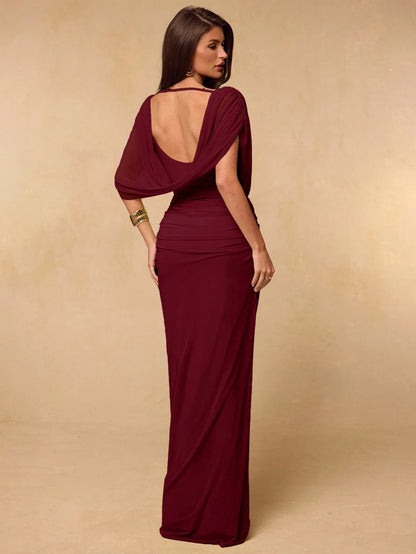 BAE Spring/Summer Solid Light Green Sprout Color Off-Shoulder Cowl Neck Backless Ruched Fitted Bodycon Elegant Women's Extra Long Mesh Dress, Fitted Elegant Bodycon Dress, Draped Dress, Backless