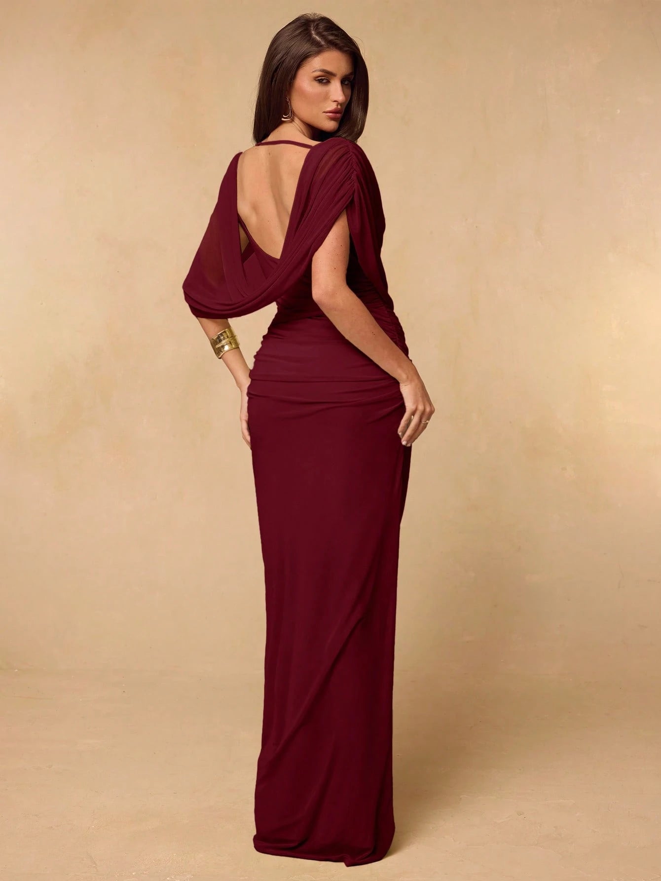 BAE Spring/Summer Solid Light Green Sprout Color Off-Shoulder Cowl Neck Backless Ruched Fitted Bodycon Elegant Women's Extra Long Mesh Dress, Fitted Elegant Bodycon Dress, Draped Dress, Backless