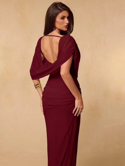 BAE Spring/Summer Solid Light Green Sprout Color Off-Shoulder Cowl Neck Backless Ruched Fitted Bodycon Elegant Women's Extra Long Mesh Dress, Fitted Elegant Bodycon Dress, Draped Dress, Backless