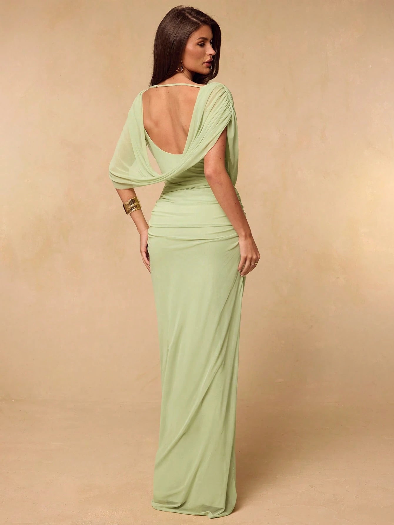 BAE Spring/Summer Solid Light Green Sprout Color Off-Shoulder Cowl Neck Backless Ruched Fitted Bodycon Elegant Women's Extra Long Mesh Dress, Fitted Elegant Bodycon Dress, Draped Dress, Backless
