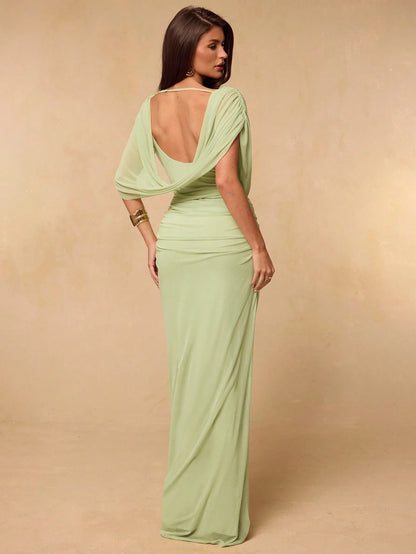 BAE Spring/Summer Solid Light Green Sprout Color Off-Shoulder Cowl Neck Backless Ruched Fitted Bodycon Elegant Women's Extra Long Mesh Dress, Fitted Elegant Bodycon Dress, Draped Dress, Backless
