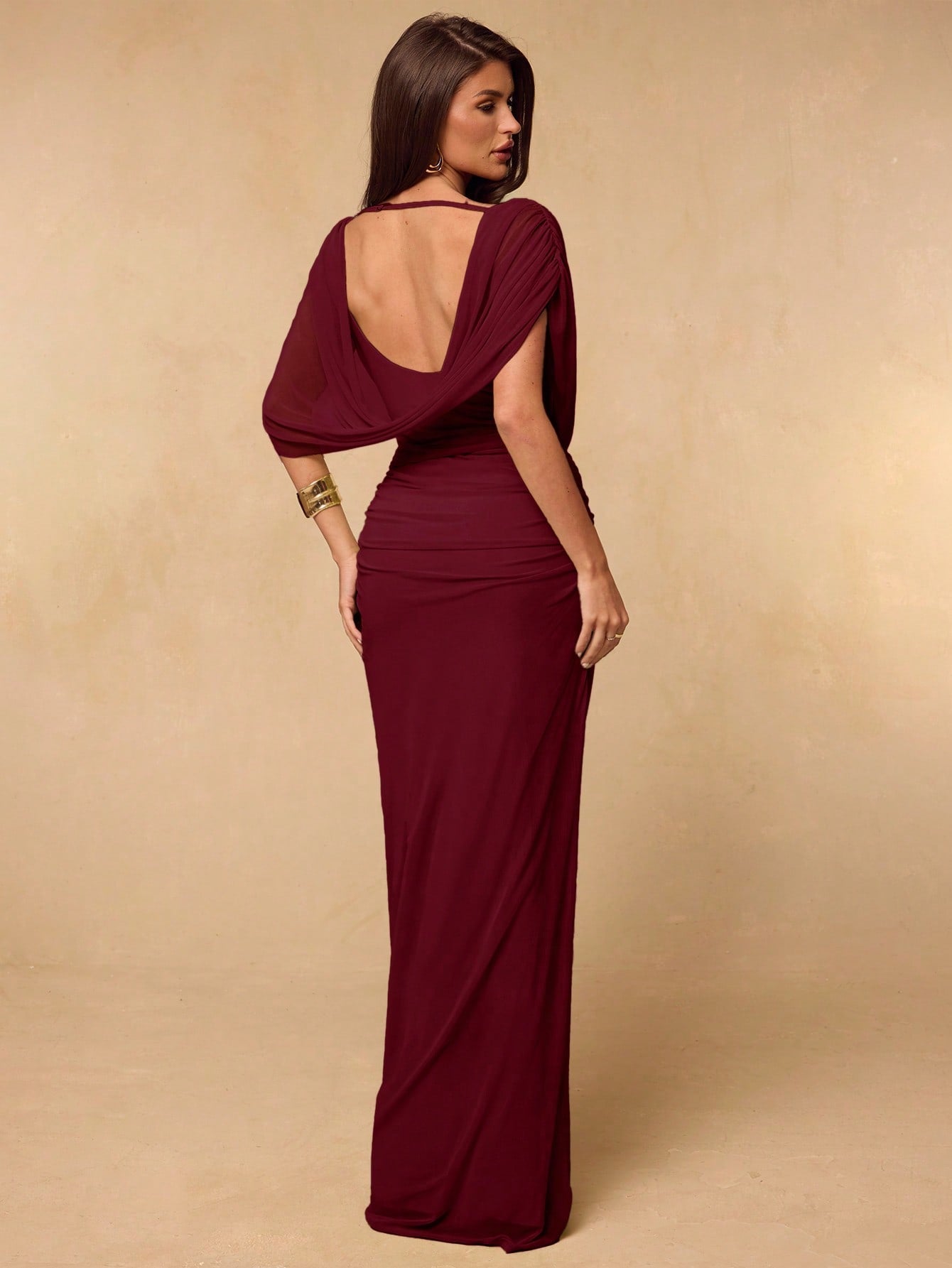 BAE Spring/Summer Solid Light Green Sprout Color Off-Shoulder Cowl Neck Backless Ruched Fitted Bodycon Elegant Women's Extra Long Mesh Dress, Fitted Elegant Bodycon Dress, Draped Dress, Backless