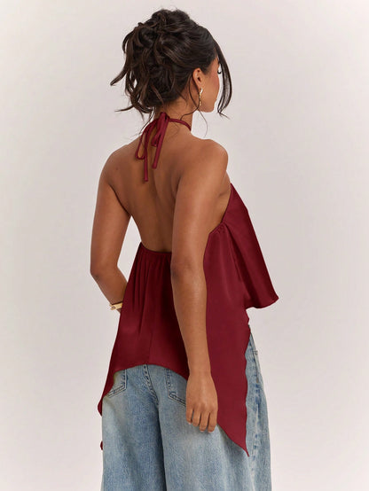 BAE Spring/Summer Women's Casual Vacation Halter Neck Backless Asymmetrical Hem Yellow Solid Color Satin Tank Top, Suitable For Beach Vacation, Beach Holiday, Sister Casual Vacation, Elegant Tan
