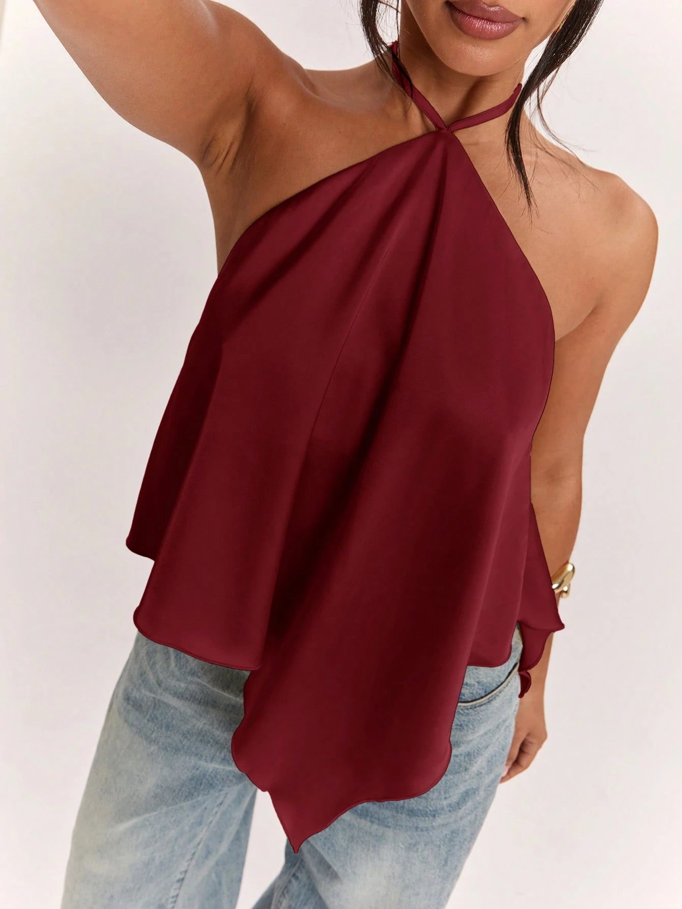 BAE Spring/Summer Women's Casual Vacation Halter Neck Backless Asymmetrical Hem Yellow Solid Color Satin Tank Top, Suitable For Beach Vacation, Beach Holiday, Sister Casual Vacation, Elegant Tan