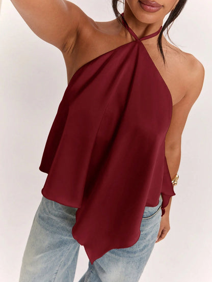 BAE Spring/Summer Women's Casual Vacation Halter Neck Backless Asymmetrical Hem Yellow Solid Color Satin Tank Top, Suitable For Beach Vacation, Beach Holiday, Sister Casual Vacation, Elegant Tan