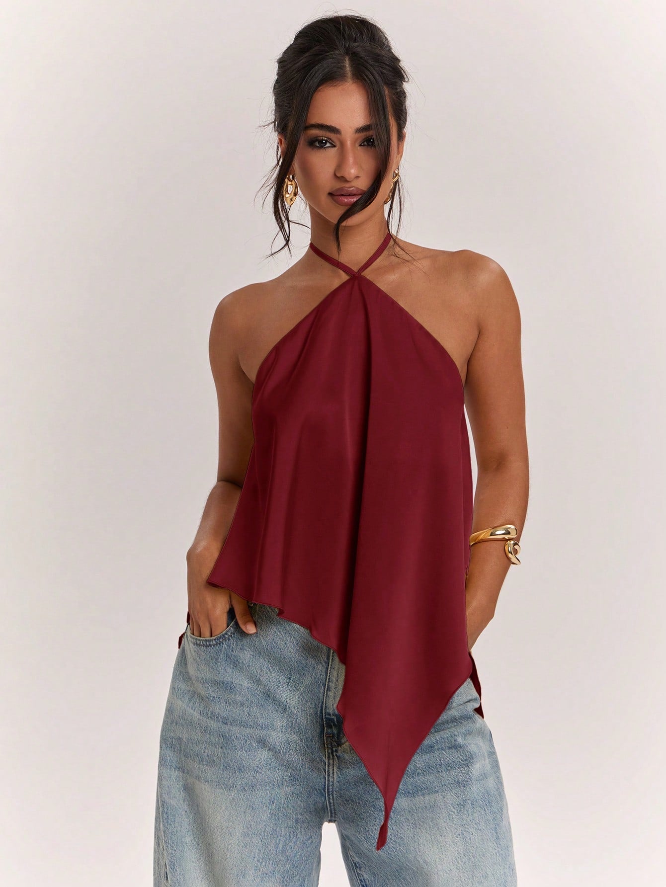 BAE Spring/Summer Women's Casual Vacation Halter Neck Backless Asymmetrical Hem Yellow Solid Color Satin Tank Top, Suitable For Beach Vacation, Beach Holiday, Sister Casual Vacation, Elegant Tan