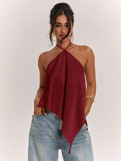 BAE Spring/Summer Women's Casual Vacation Halter Neck Backless Asymmetrical Hem Yellow Solid Color Satin Tank Top, Suitable For Beach Vacation, Beach Holiday, Sister Casual Vacation, Elegant Tan