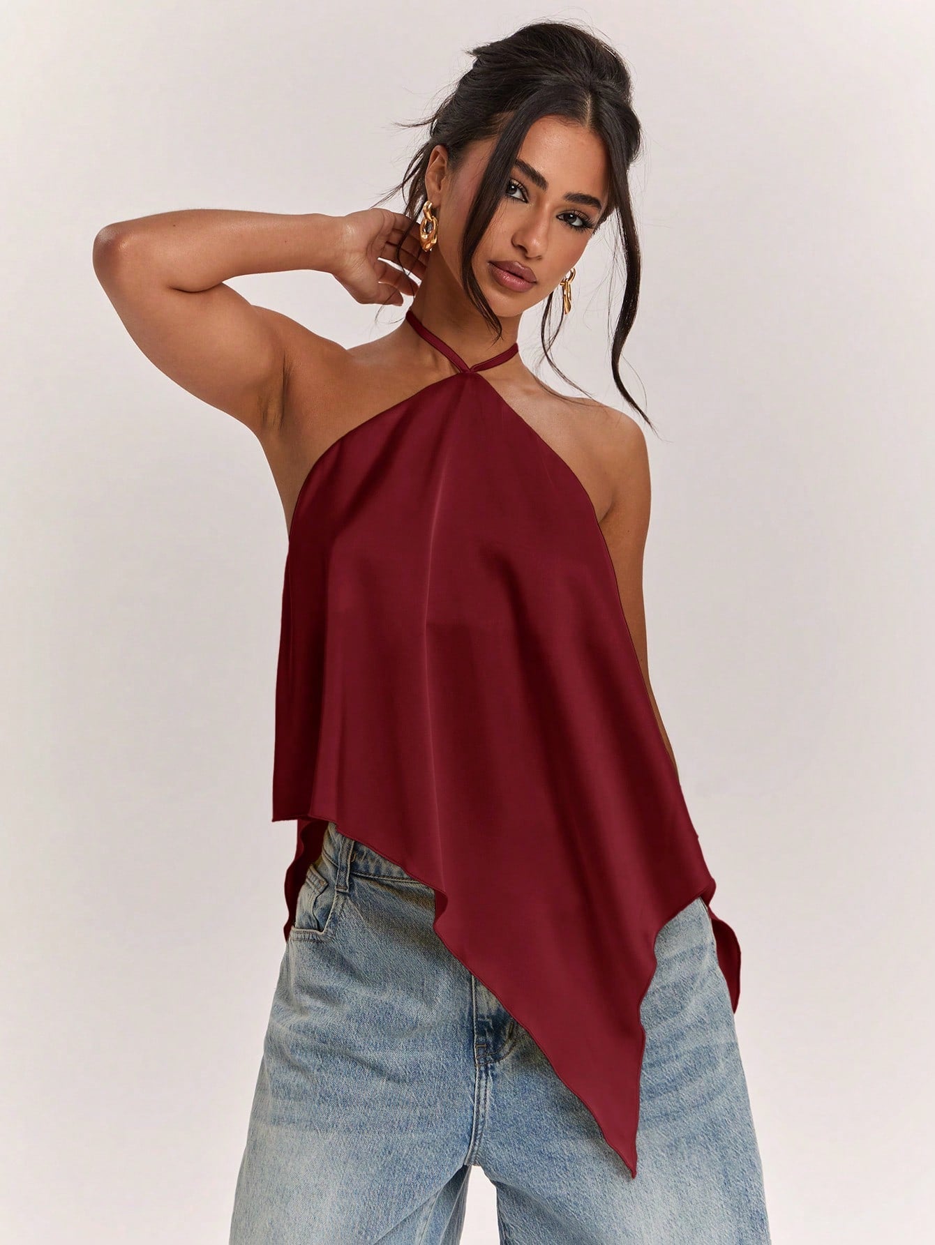 BAE Spring/Summer Women's Casual Vacation Halter Neck Backless Asymmetrical Hem Yellow Solid Color Satin Tank Top, Suitable For Beach Vacation, Beach Holiday, Sister Casual Vacation, Elegant Tan