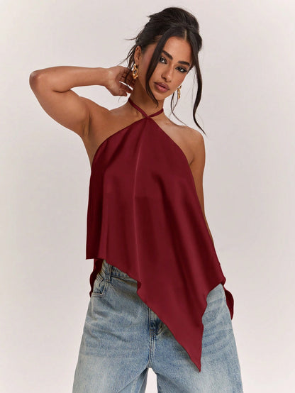 BAE Spring/Summer Women's Casual Vacation Halter Neck Backless Asymmetrical Hem Yellow Solid Color Satin Tank Top, Suitable For Beach Vacation, Beach Holiday, Sister Casual Vacation, Elegant Tan