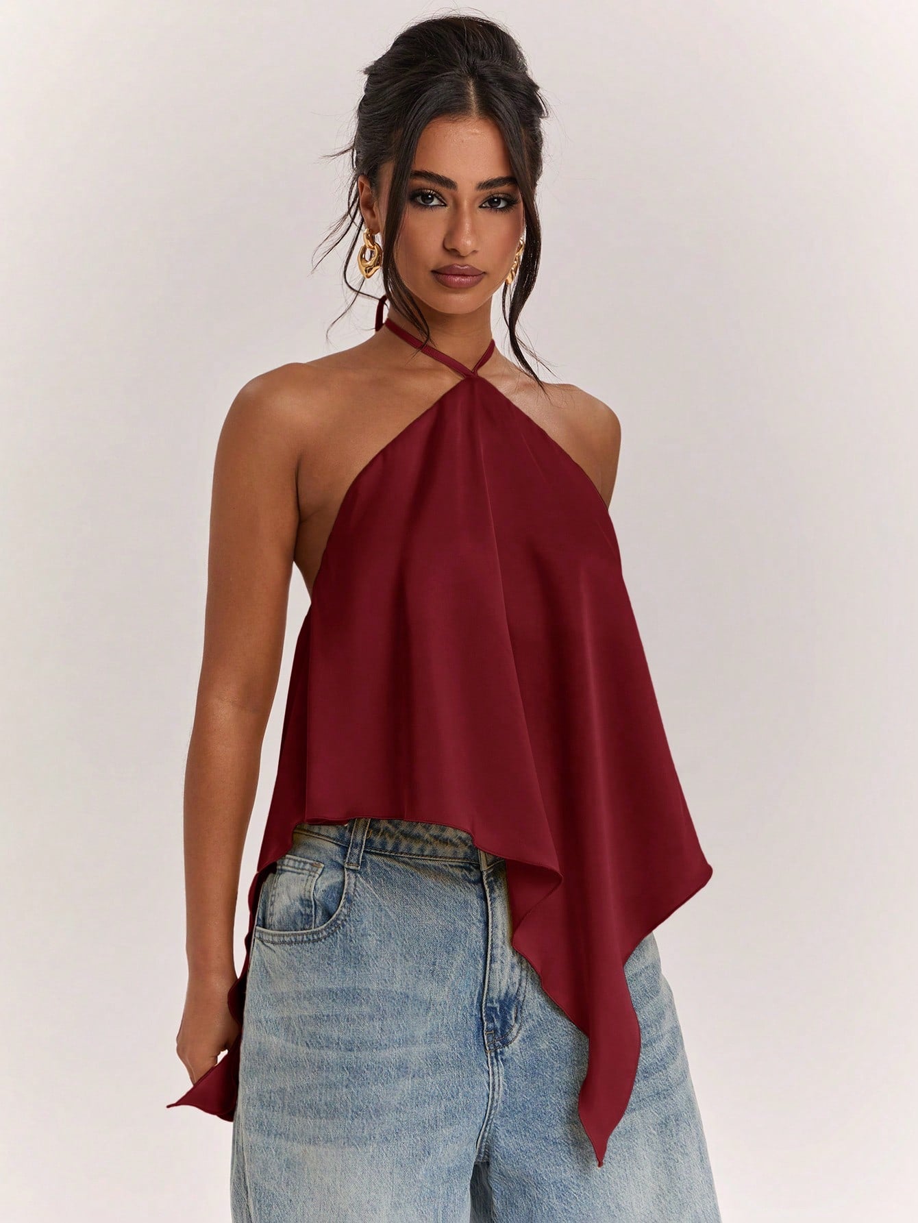 BAE Spring/Summer Women's Casual Vacation Halter Neck Backless Asymmetrical Hem Yellow Solid Color Satin Tank Top, Suitable For Beach Vacation, Beach Holiday, Sister Casual Vacation, Elegant Tan