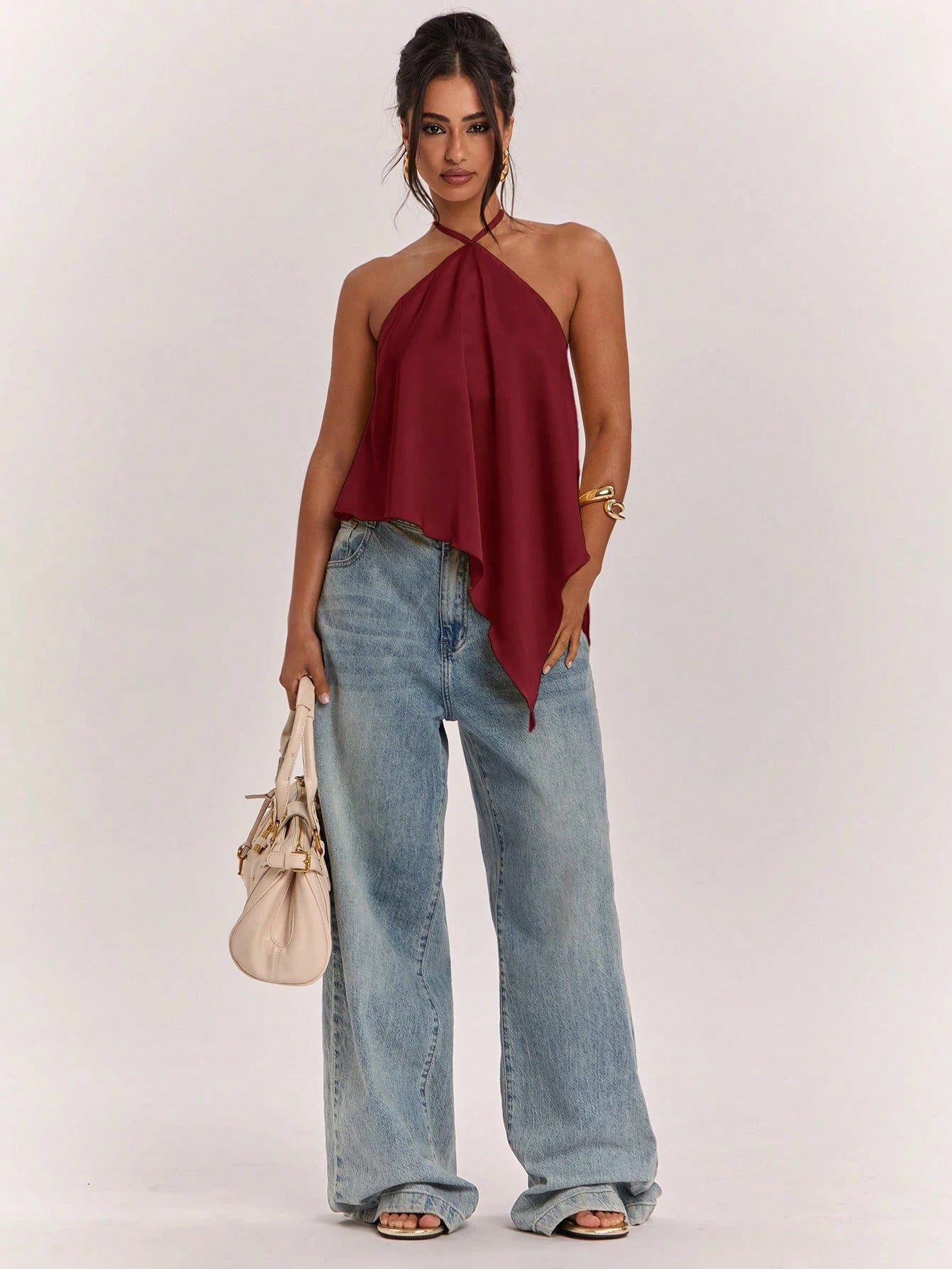 BAE Spring/Summer Women's Casual Vacation Halter Neck Backless Asymmetrical Hem Yellow Solid Color Satin Tank Top, Suitable For Beach Vacation, Beach Holiday, Sister Casual Vacation, Elegant Tan