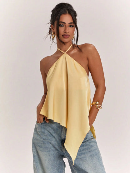 BAE Spring/Summer Women's Casual Vacation Halter Neck Backless Asymmetrical Hem Yellow Solid Color Satin Tank Top, Suitable For Beach Vacation, Beach Holiday, Sister Casual Vacation, Elegant Tan