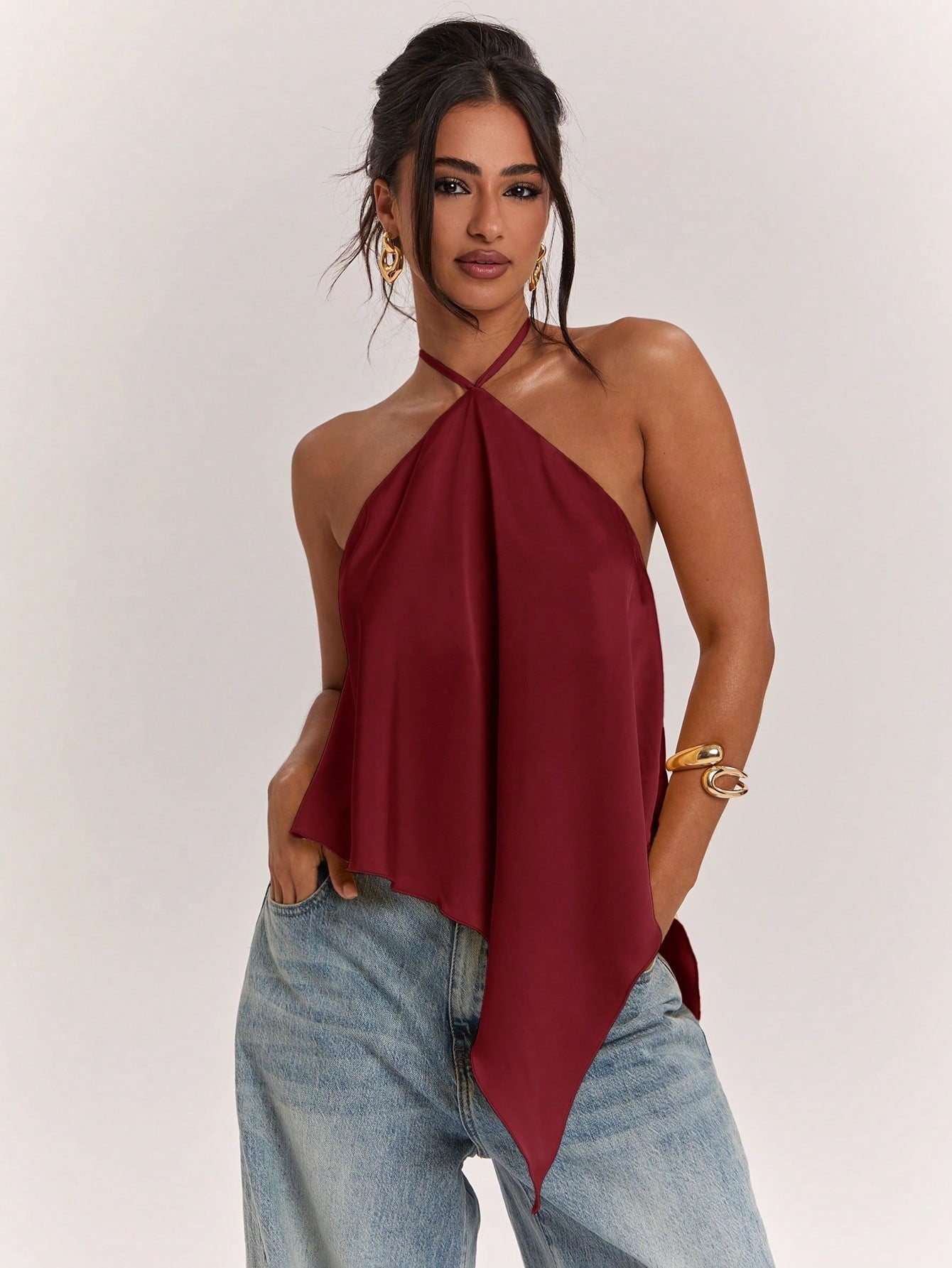 BAE Spring/Summer Women's Casual Vacation Halter Neck Backless Asymmetrical Hem Yellow Solid Color Satin Tank Top, Suitable For Beach Vacation, Beach Holiday, Sister Casual Vacation, Elegant Tan