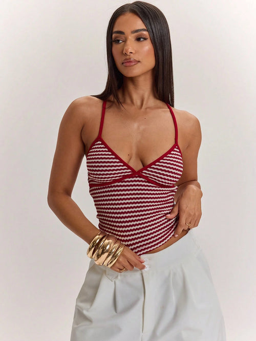 BAE Women's Burgundy Summer Seksi Chic Vacation Contrast Stripe Print Camisole,Slim Fit Backless Cropped Cami Top,Y2K Vintage Style Beach Wear