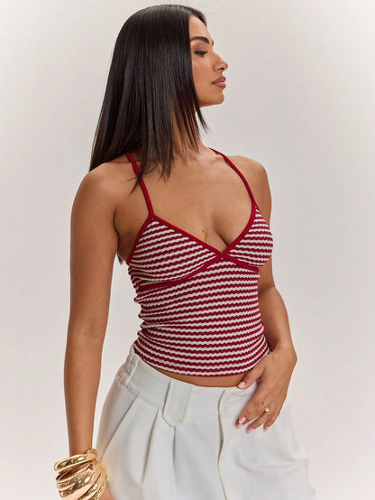BAE Women's Burgundy Summer Seksi Chic Vacation Contrast Stripe Print Camisole,Slim Fit Backless Cropped Cami Top,Y2K Vintage Style Beach Wear