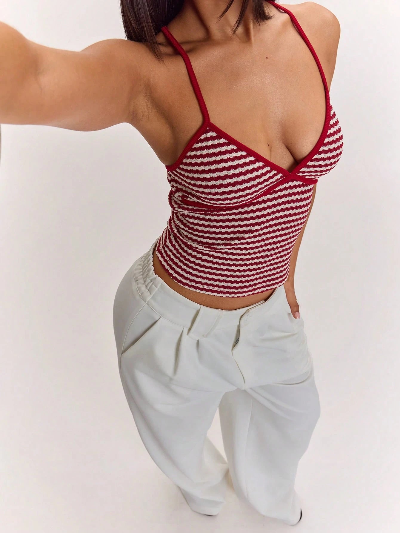 BAE Women's Burgundy Summer Seksi Chic Vacation Contrast Stripe Print Camisole,Slim Fit Backless Cropped Cami Top,Y2K Vintage Style Beach Wear
