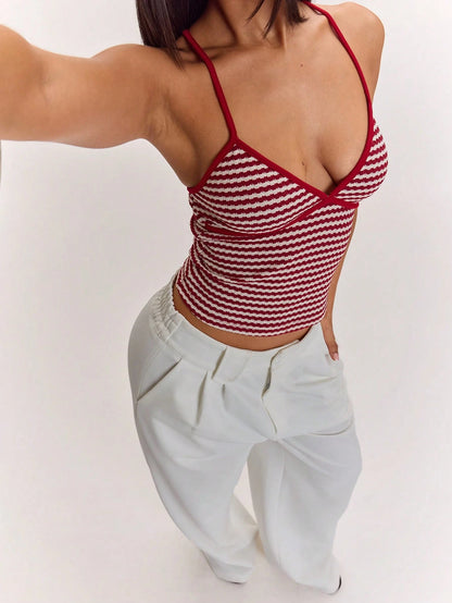 BAE Women's Burgundy Summer Seksi Chic Vacation Contrast Stripe Print Camisole,Slim Fit Backless Cropped Cami Top,Y2K Vintage Style Beach Wear