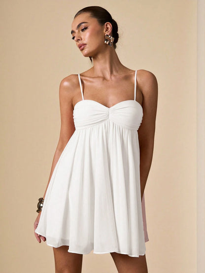 BAE Women's Elegant White Summer Mini Dress,Sleeveless Spaghetti Strap Solid Sweet Cute Sundress,Suitable For Holiday,Vacation, Dates & Parties