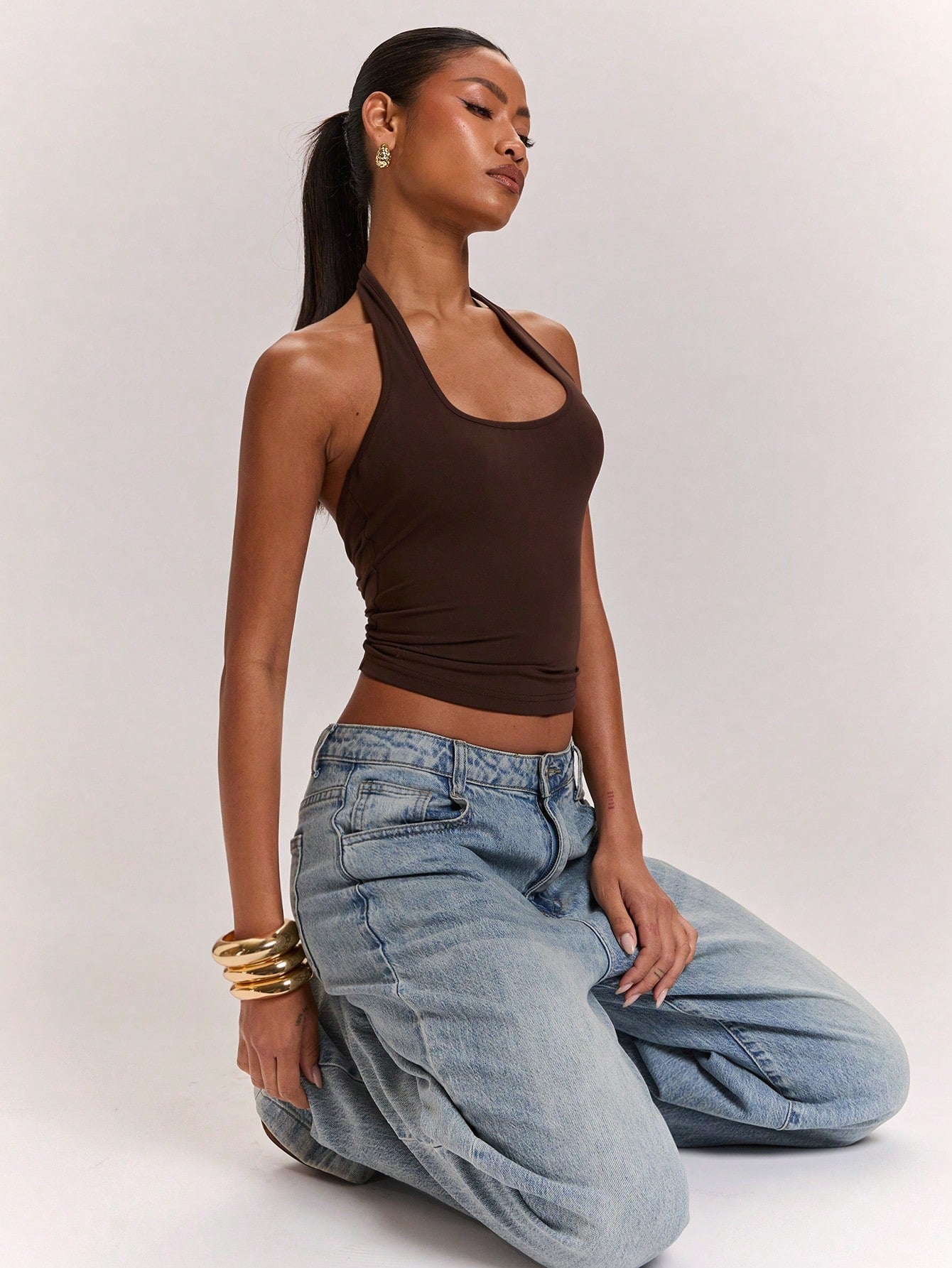 BAE Women's Knitted Solid Brown Casual Elegant Commute Halter Neck Backless Twisted Knot Sexy Practical Tank Top, Suitable For Vacation Summer