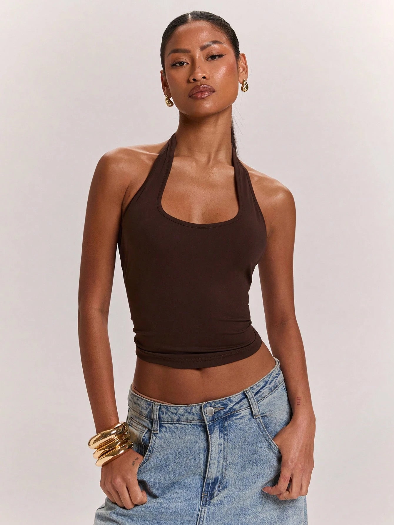 BAE Women's Knitted Solid Brown Casual Elegant Commute Halter Neck Backless Twisted Knot Sexy Practical Tank Top, Suitable For Vacation Summer