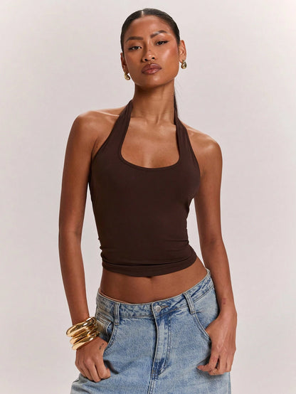 BAE Women's Knitted Solid Brown Casual Elegant Commute Halter Neck Backless Twisted Knot Sexy Practical Tank Top, Suitable For Vacation Summer